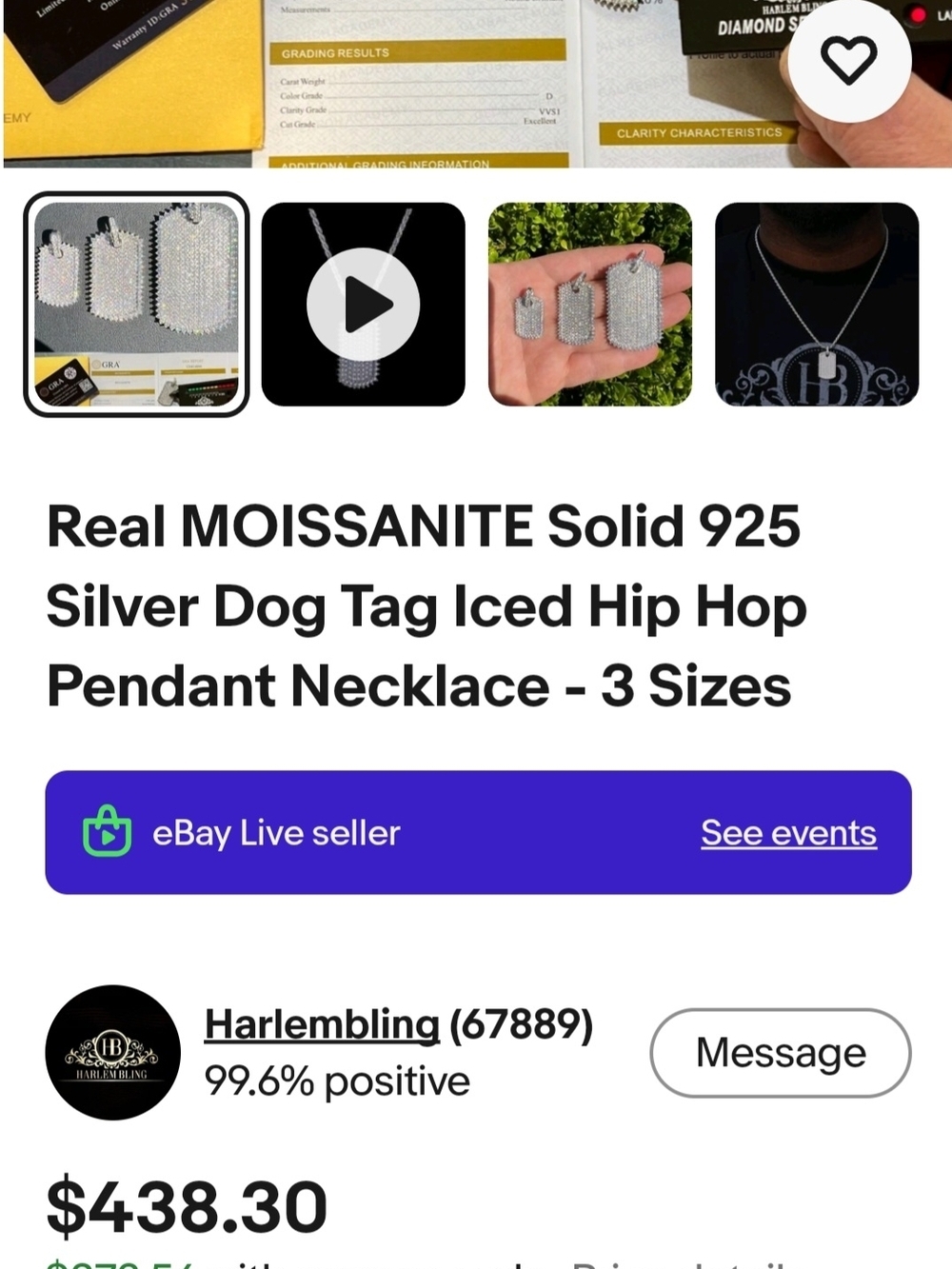 Iced Out MOISSANITE Solid 925 Silver Dog Tag Iced Hip Hop Pendant NEW - Picture 3 of 9